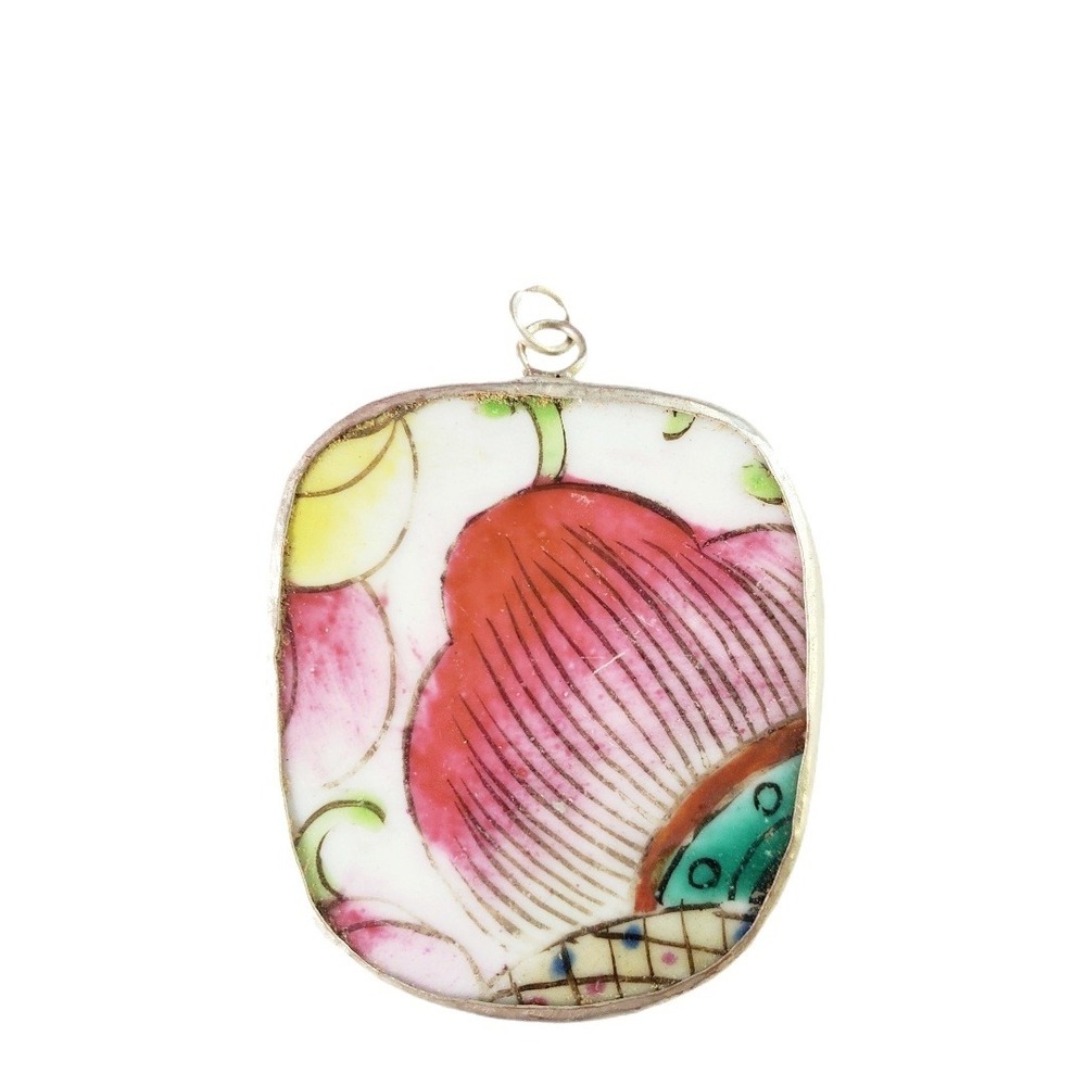 Vintage Porcelain Pottery Shard Pendant Floral Pink Yellow Green Jewelry DIY